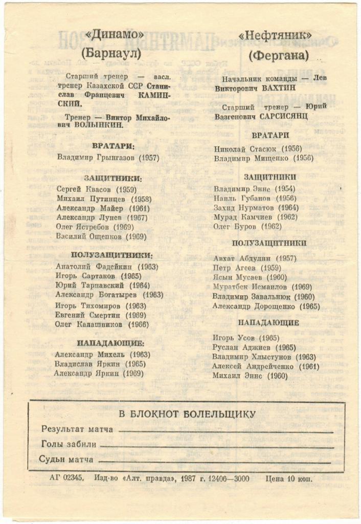 Динамо Барнаул - Нефтяник Фергана 06.06.1987 Кубок СССР 1