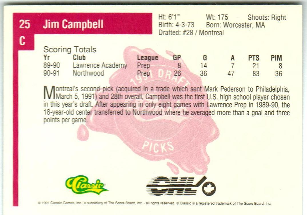 Джим Кэмпбелл / Jim Campbell 1992 Draft Picks 1991 #28 Montreal Canadiens 1