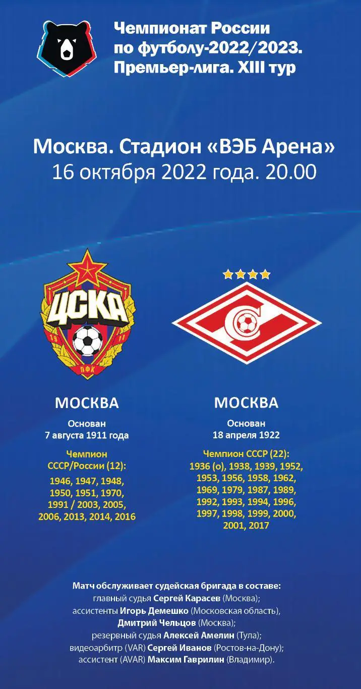 ЦСКА – Спартак Москва 16.10.2022 Авторская программа Тираж 20 экз.