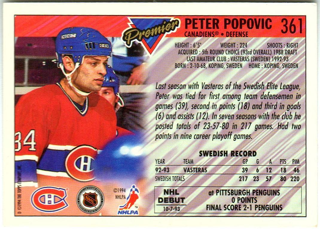 Петер Попович Монреаль Канадиенс / Peter Popovic Montreal Canadiens 1994 Premier 1