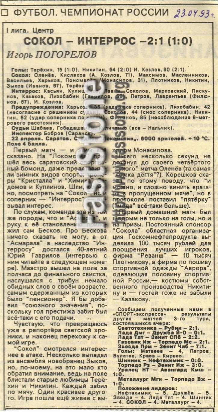 Сокол Саратов – Интеррос Москва 22.04.1993