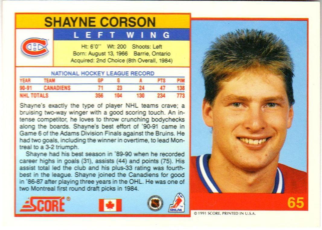 Шейн Корсон Монреаль Канадиенс / Shayne Corson Montreal Canadiens 1991 Score #65 1