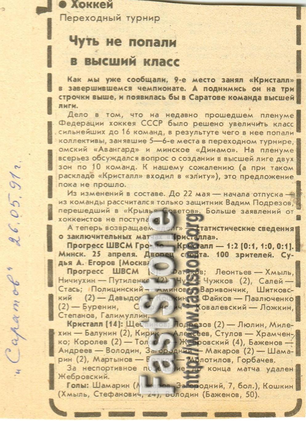 Прогресс ШВСМ Гродно – Кристалл Саратов 25.04.1991