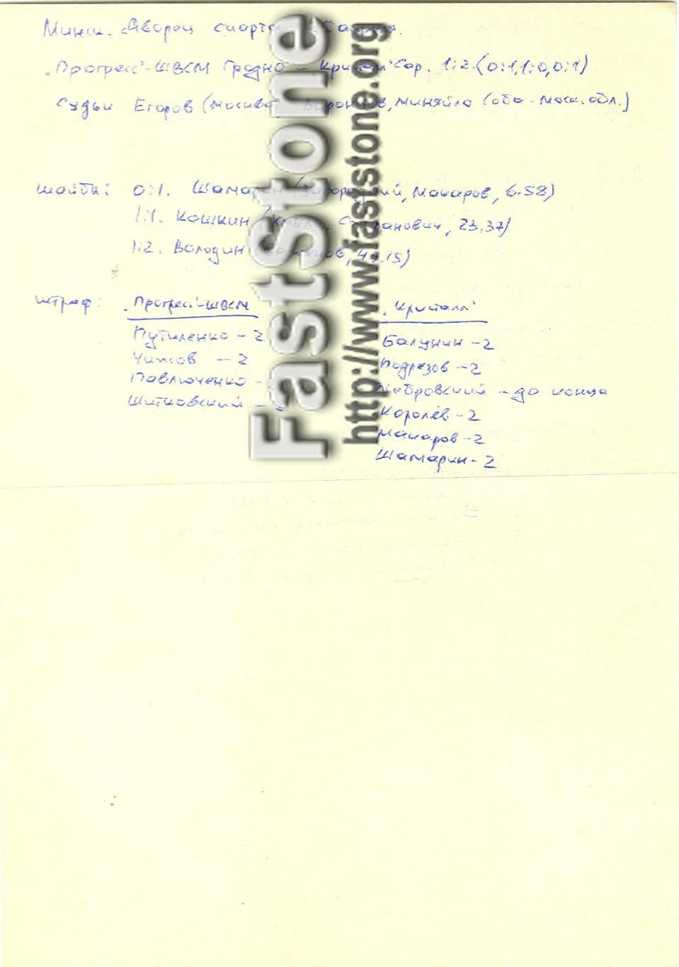 Динамо Минск + Прогресс ШВСМ Гродно – Кристалл Саратов 19/25.04.1991 Статотчет 1