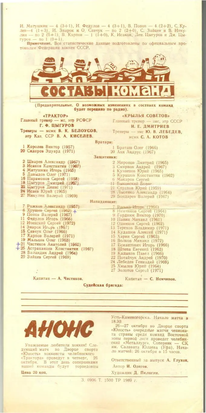 Трактор Челябинск – Крылья Советов Москва 24.10.1989 РЕДКОСТЬ! 1