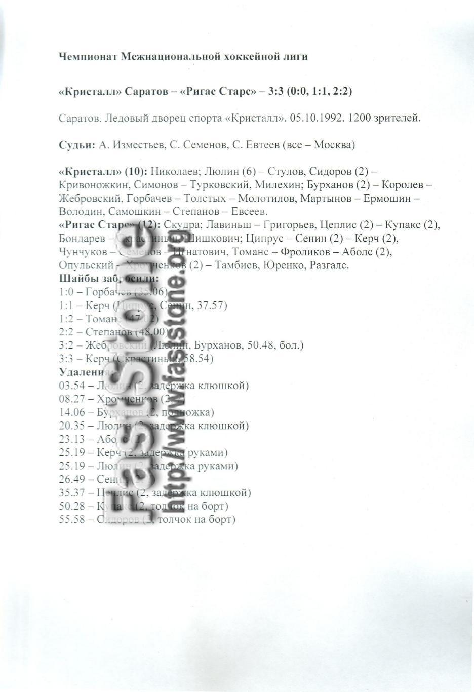 Кристалл Саратов – Ригас Старс 05.10.1992 Статистика матча