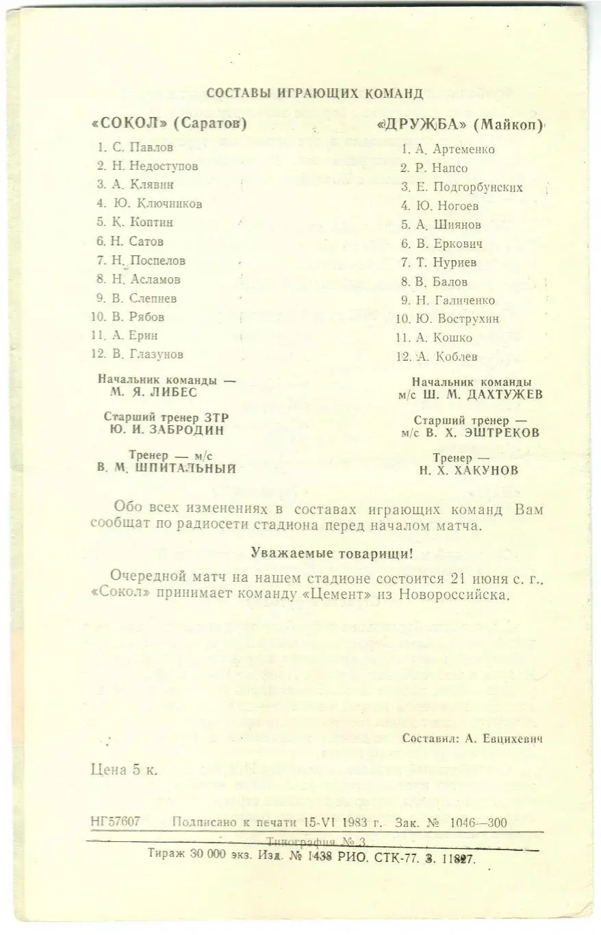 Сокол Саратов – Дружба Майкоп 18.08.1983 1