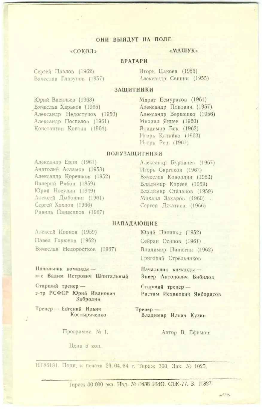 Сокол Саратов — Машук Пятигорск 02.05.1984 1