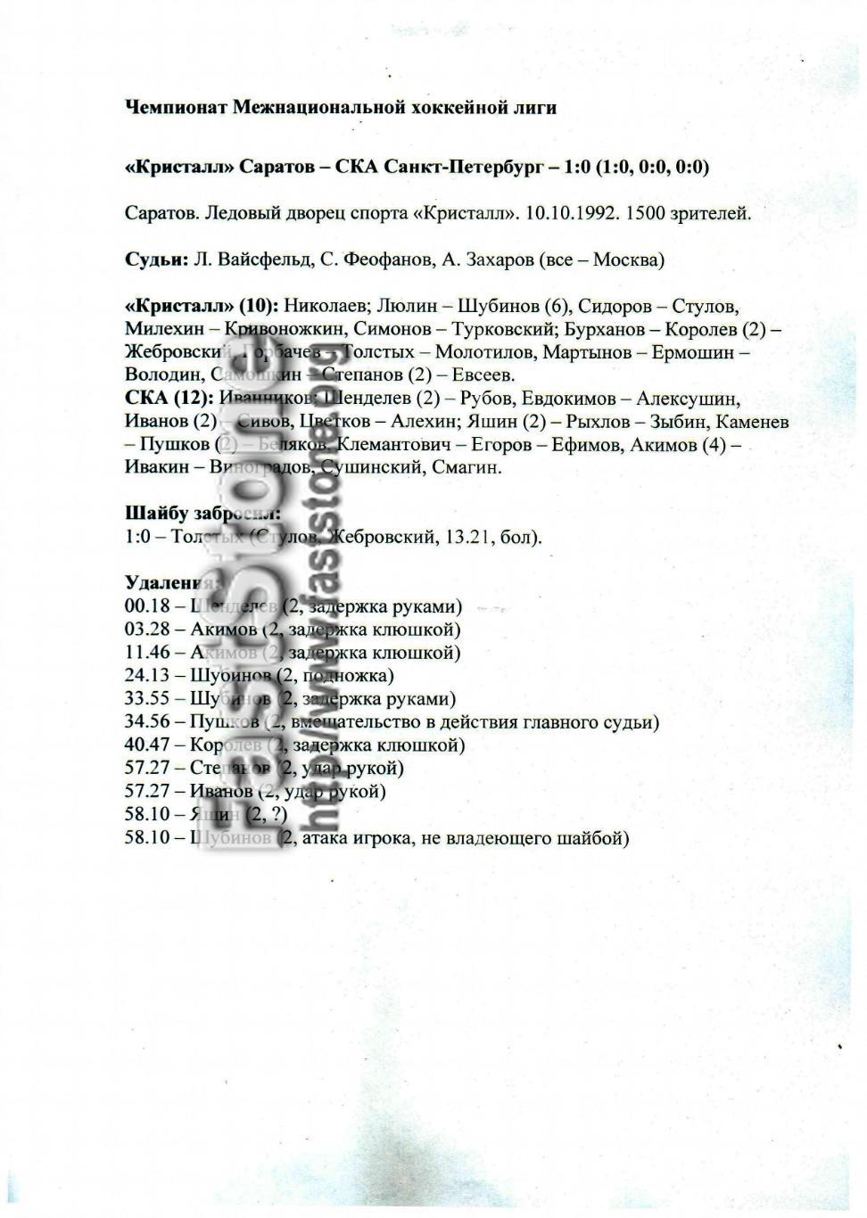 Кристалл Саратов – СКА Санкт-Петербург 10.10.1992 Статистика матча