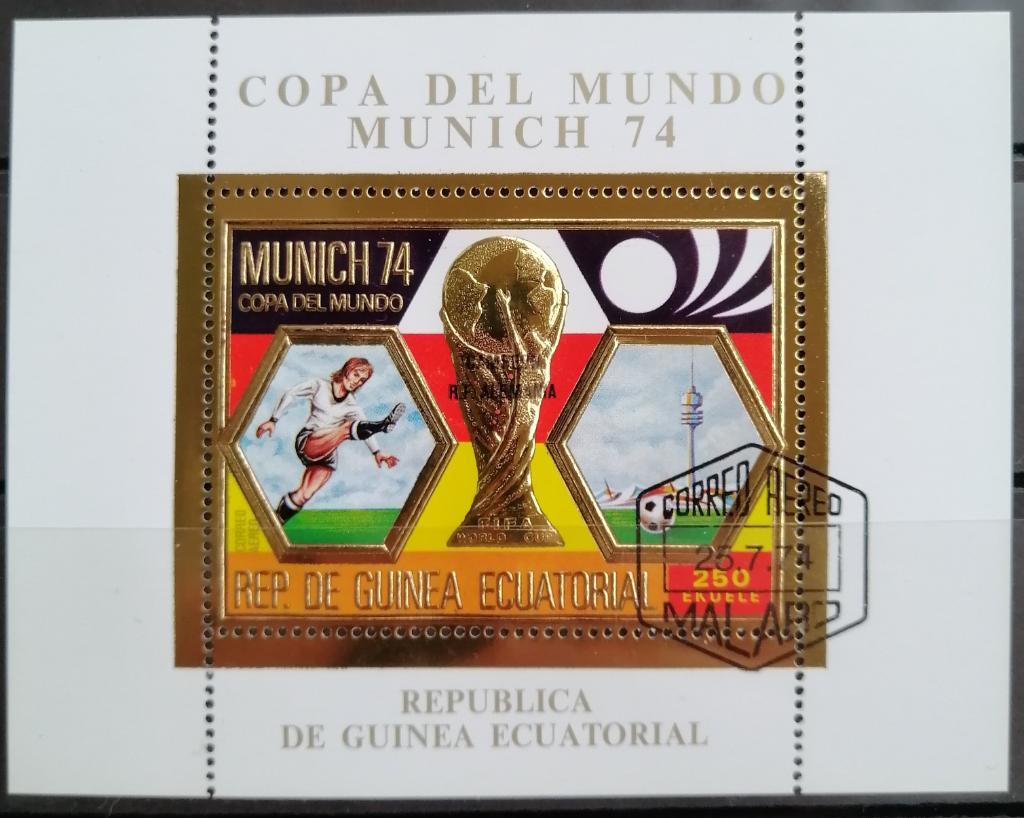 Блок Экваториальная Гвинея 1974 Чемпионат мира по футболу Надпечатка Золото