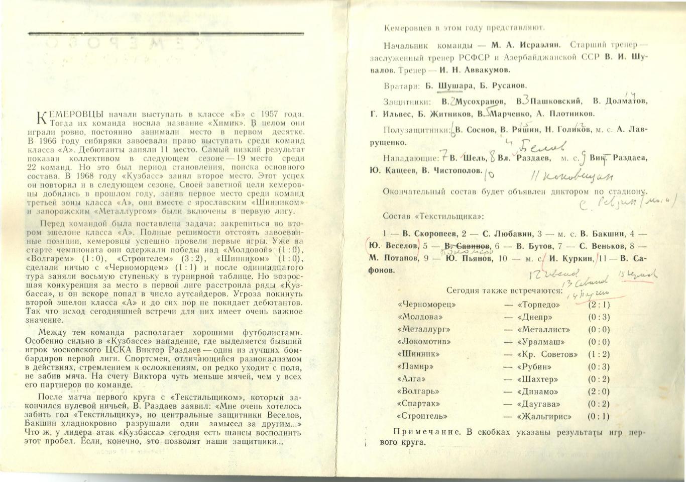 Текстильщик Иваново – Кузбасс Кемерово 29.10.1971 1