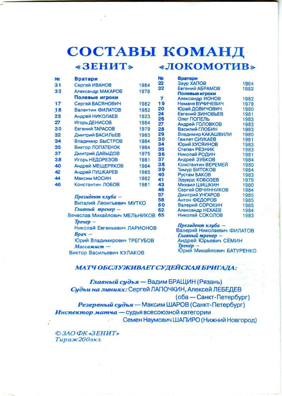 Зенит Санкт-Петербург – Локомотив Москва 19.04.2002 Дублирующие составы 1