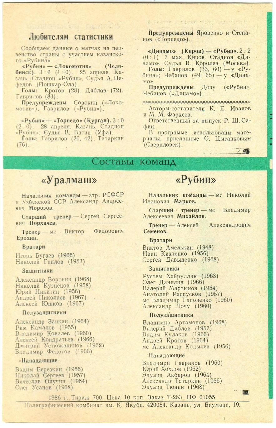 Рубин Казань – Уралмаш Свердловск 18.05.1986 1