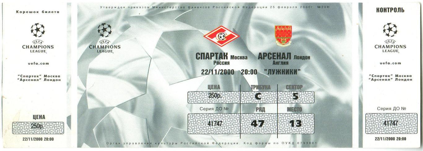 Спартак Москва — Арсенал Лондон 22.11.2000 Лига чемпионов КОНТРОЛЬ