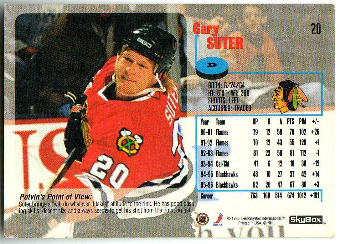 Гэри Сутер Чикаго Блэкхокс / Gary Suter Chicago Blackhawks 1996 Fleer/SkyBox #20 1