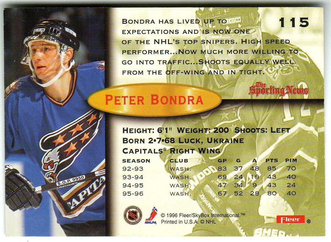 Петер Бондра Вашингтон Кэпиталз Peter Bondra Washington Capitals 1996 Fleer #115 1