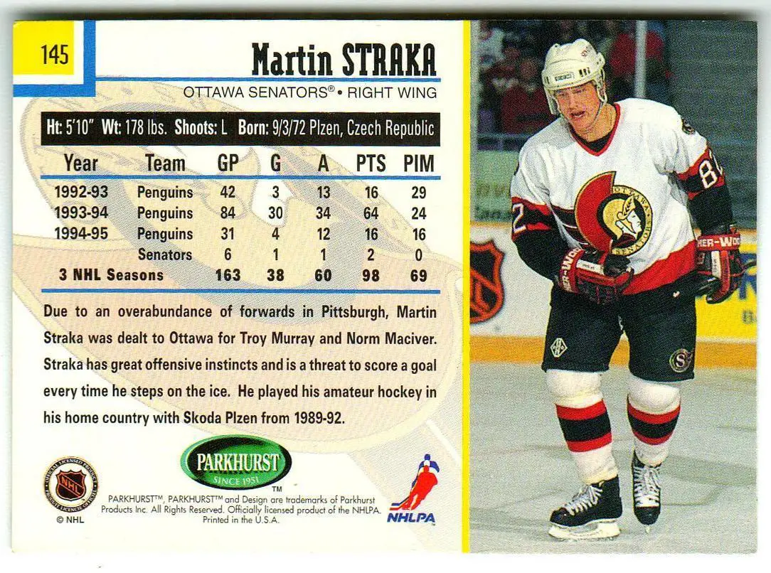 Мартин Страка Оттава Сенаторз / Martin Straka Ottawa Senators 1995 Parkhurst 1