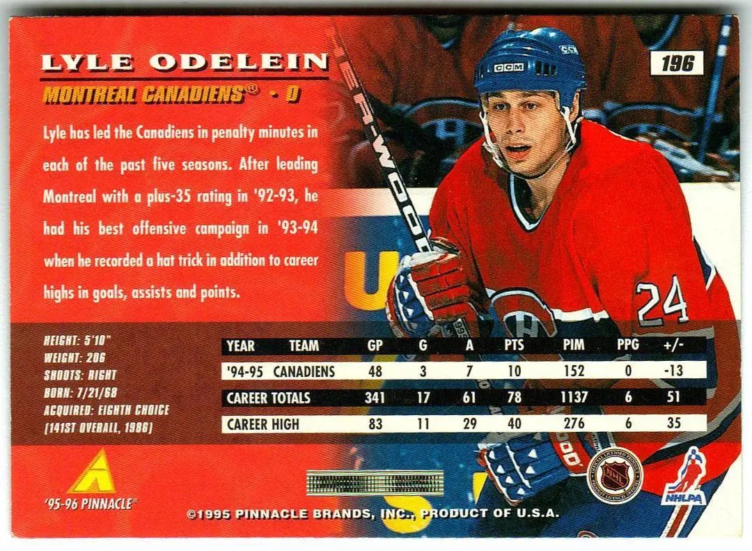Лайл Оделайн Монреаль Канадиенс / Lyle Odelein Montreal Canadiens Pinnacle 1995 1