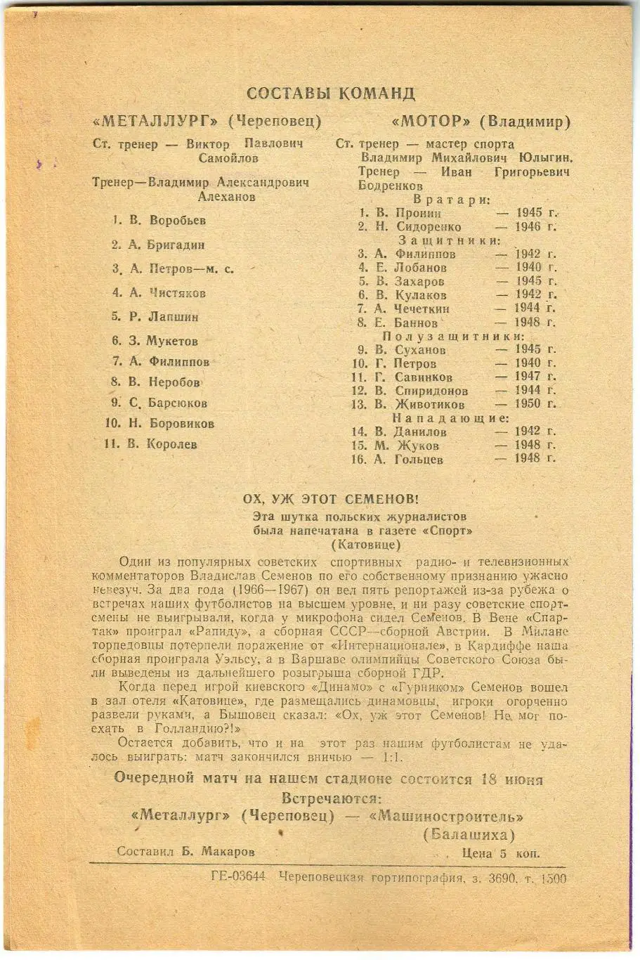 Металлург Череповец – Мотор Владимир 14.06.1970 1