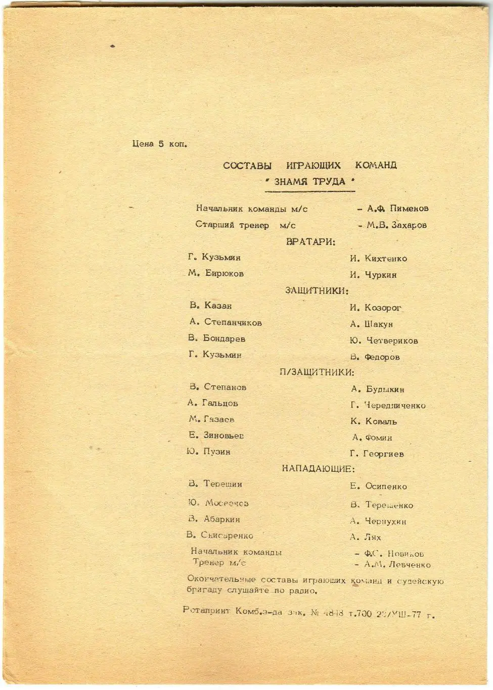 Торпедо Таганрог — Знамя труда Орехово-Зуево 04.09.1977 1