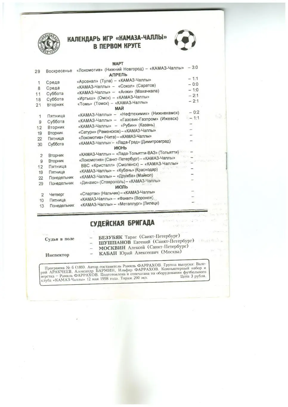 КАМАЗ-Чаллы Набережные Челны – Рубин Казань 12.05.1998 1