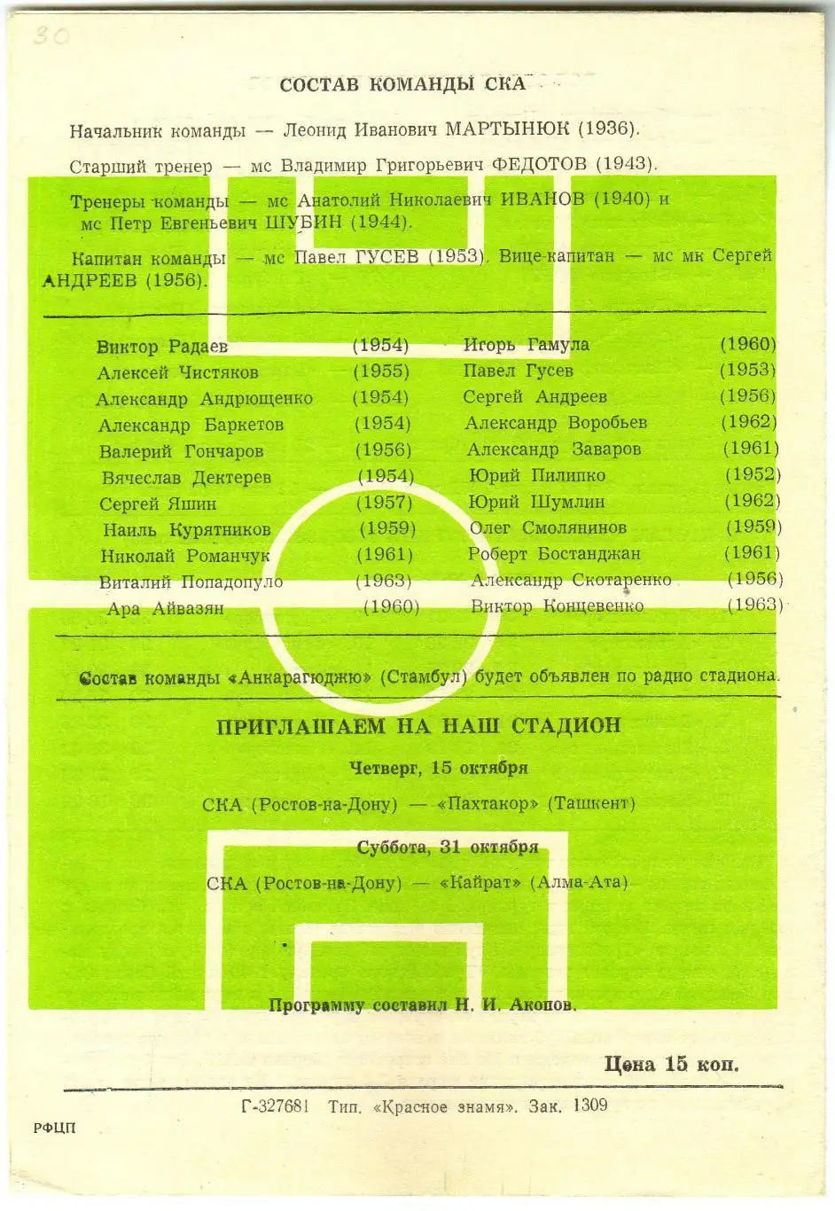 СКА Ростов-на-Дону – Анкарагюджю Турция 16.09.1981 Кубок обладателей кубков 1