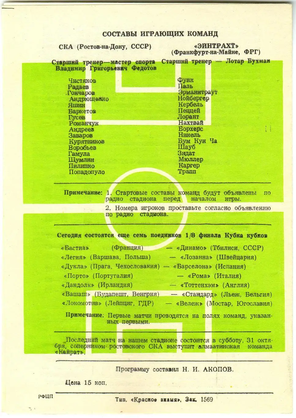 СКА Ростов-на-Дону – Эйнтрахт / Айнтрахт Франкфурт-на-Майне ФРГ 21.10.1981 КОК 1