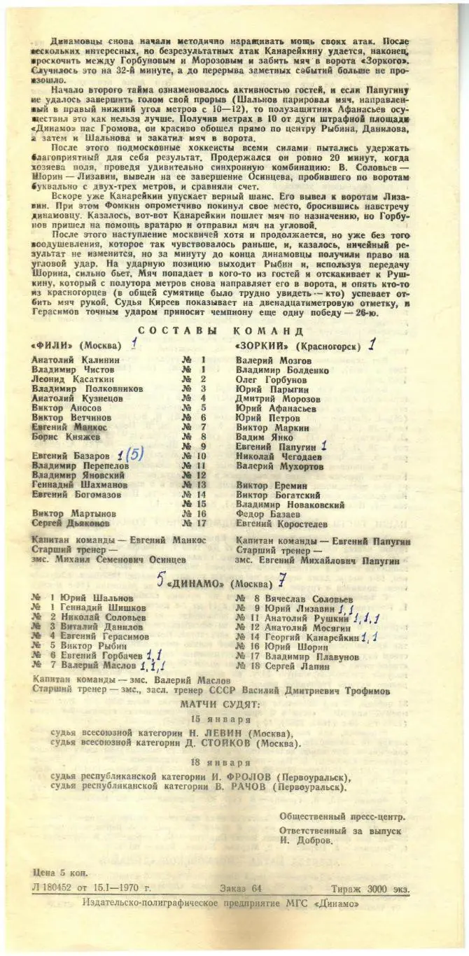 Динамо Москва – Фили Москва + Зоркий Красногорск 15/18.01.1970 1