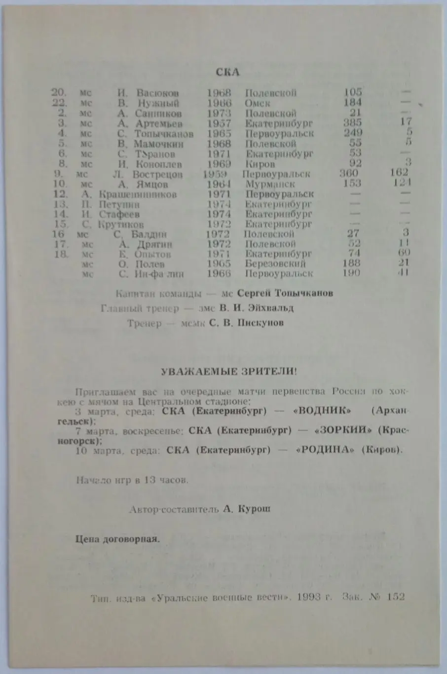 СКА Екатеринбург – Строитель Сыктывкар 28.02.1993 1
