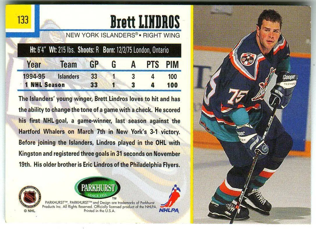 Бретт Линдрос Нью-Йорк Айлендерс/Brett Lindros New York Islanders Parkhurst 1995 1