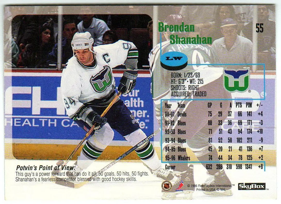 Брендан Шэнахэн Хартфорд Уэйлерс Brendan Shanahan Hartford Whalers SkyBox 1996 1