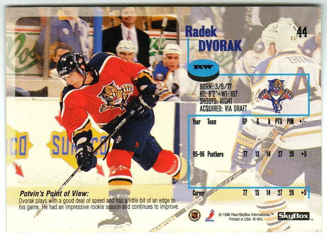Радек Дворжак Флорида Пантерз / Radek Dvorak Florida Panthers / SkyBox 1996 № 44 1
