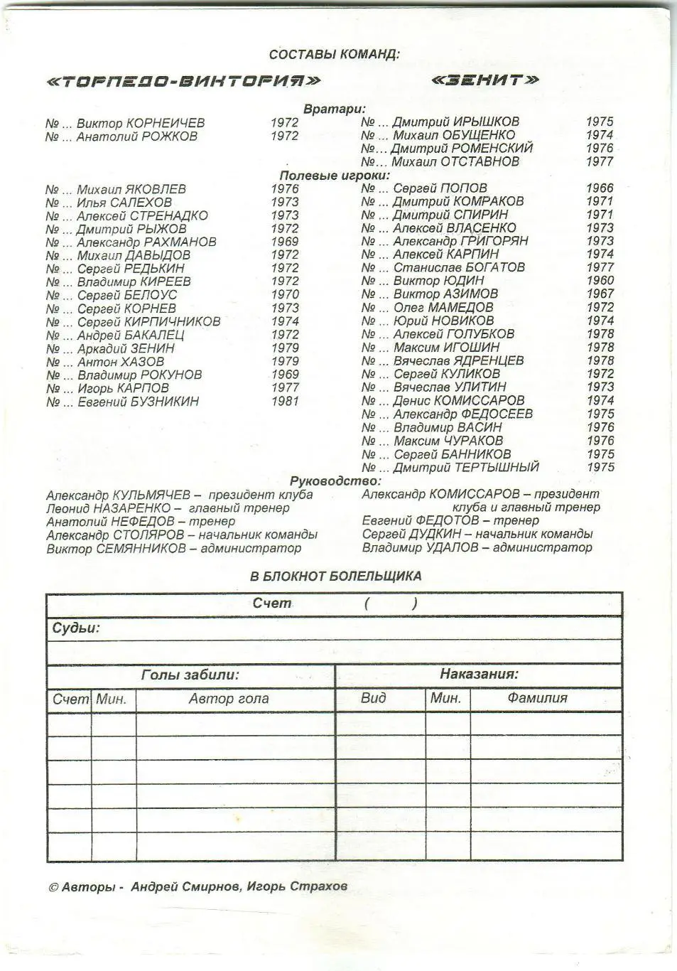 Торпедо-Виктория Нижний Новгород – Зенит Пенза 02.10.1998 1