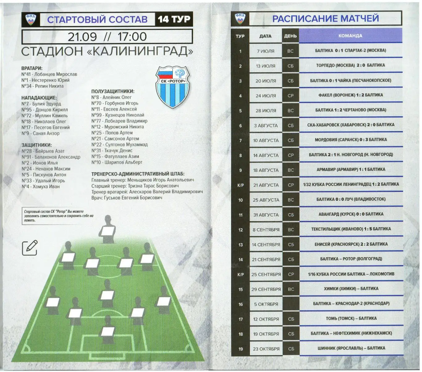 Балтика Калининград – Ротор Волгоград 21.09.2019 2