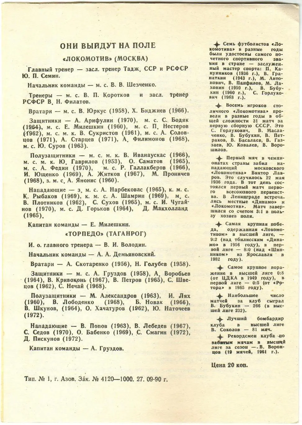 Торпедо Таганрог – Локомотив Москва 10.10.1990 Товарищеский матч 1