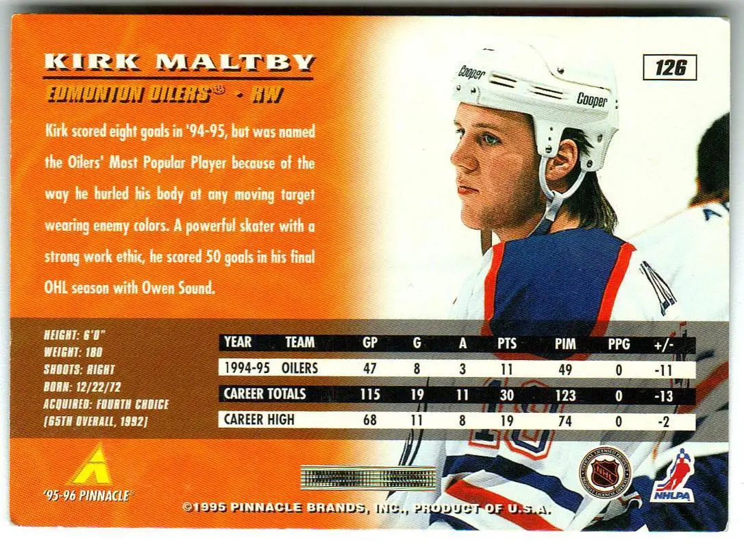 Кирк Молтби Эдмонтон Ойлерз / Kirk Maltby Edmonton Oilers / PINNACLE 1995 #126 1