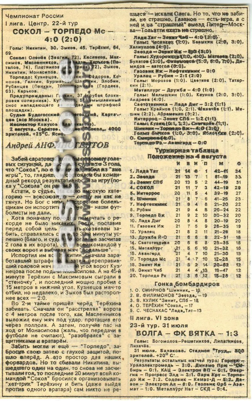 Сокол Саратов – Торпедо Миасс 02.08.1993 Газетный отчет