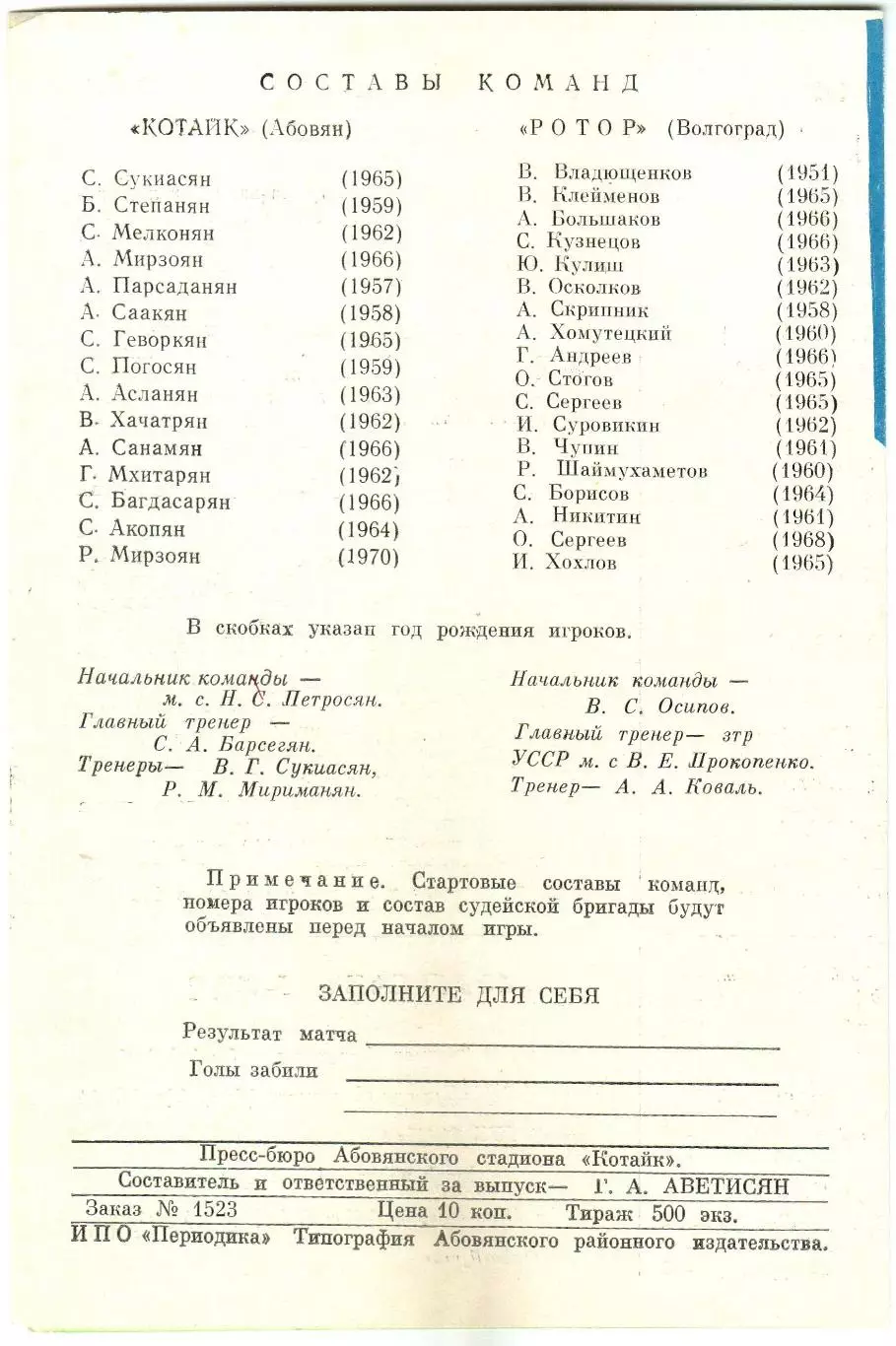 Котайк Абовян – Ротор Волгоград 03.08.1988 1