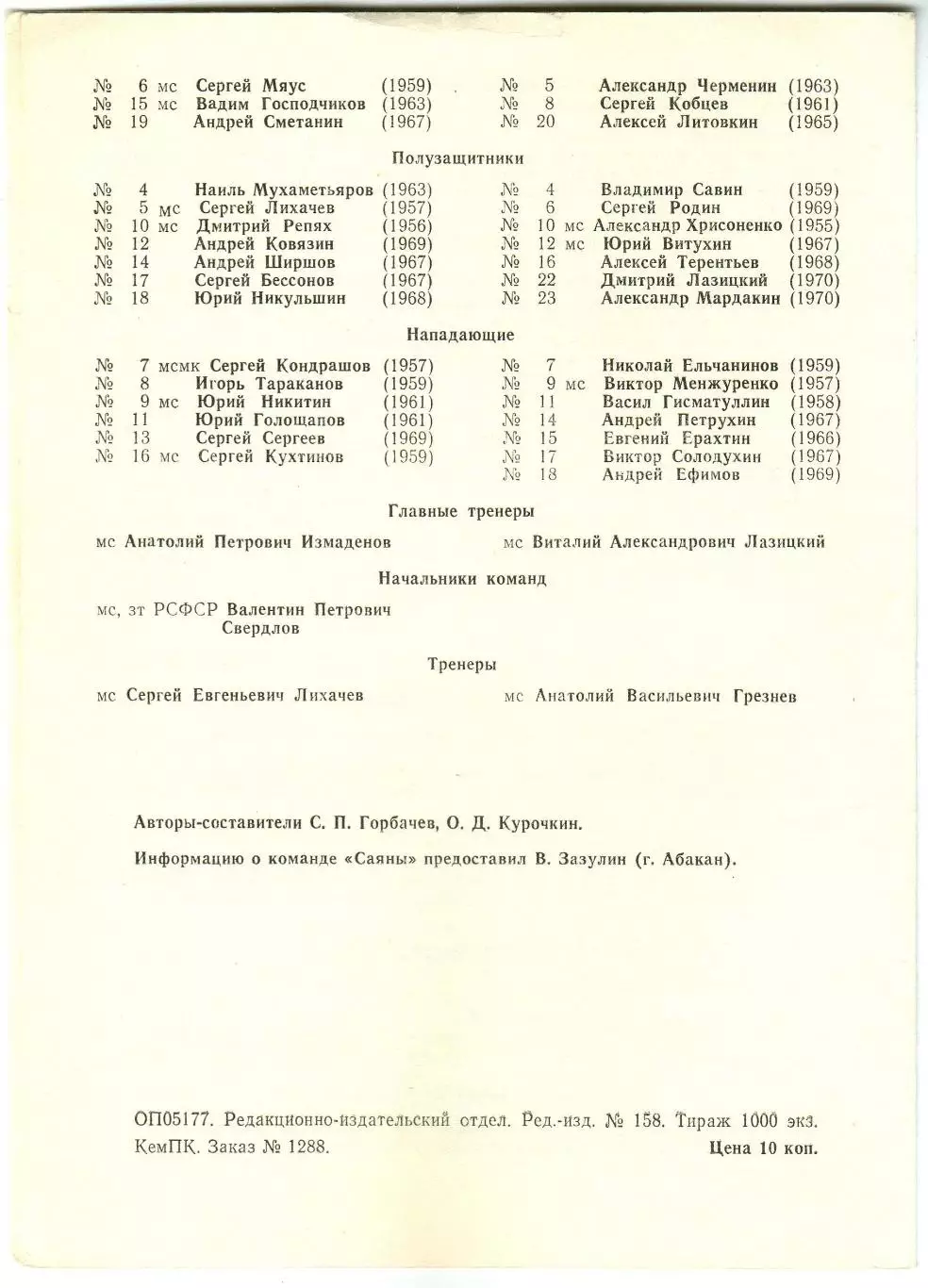 Кузбасс Кемерово – Саяны Абакан 06.03.1988 Турнир за 7-14-е места 1