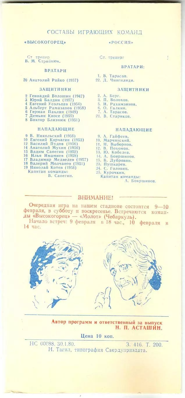 Высокогорец Нижний Тагил – Россия Краснокамск 02-03.02.1980 Класс Б 1