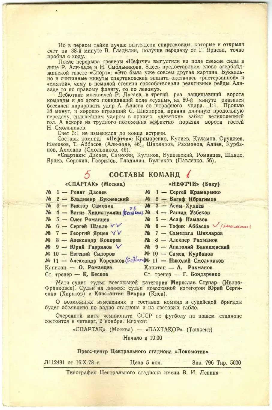 Спартак Москва – Нефтчи Баку 22.10.1978 1