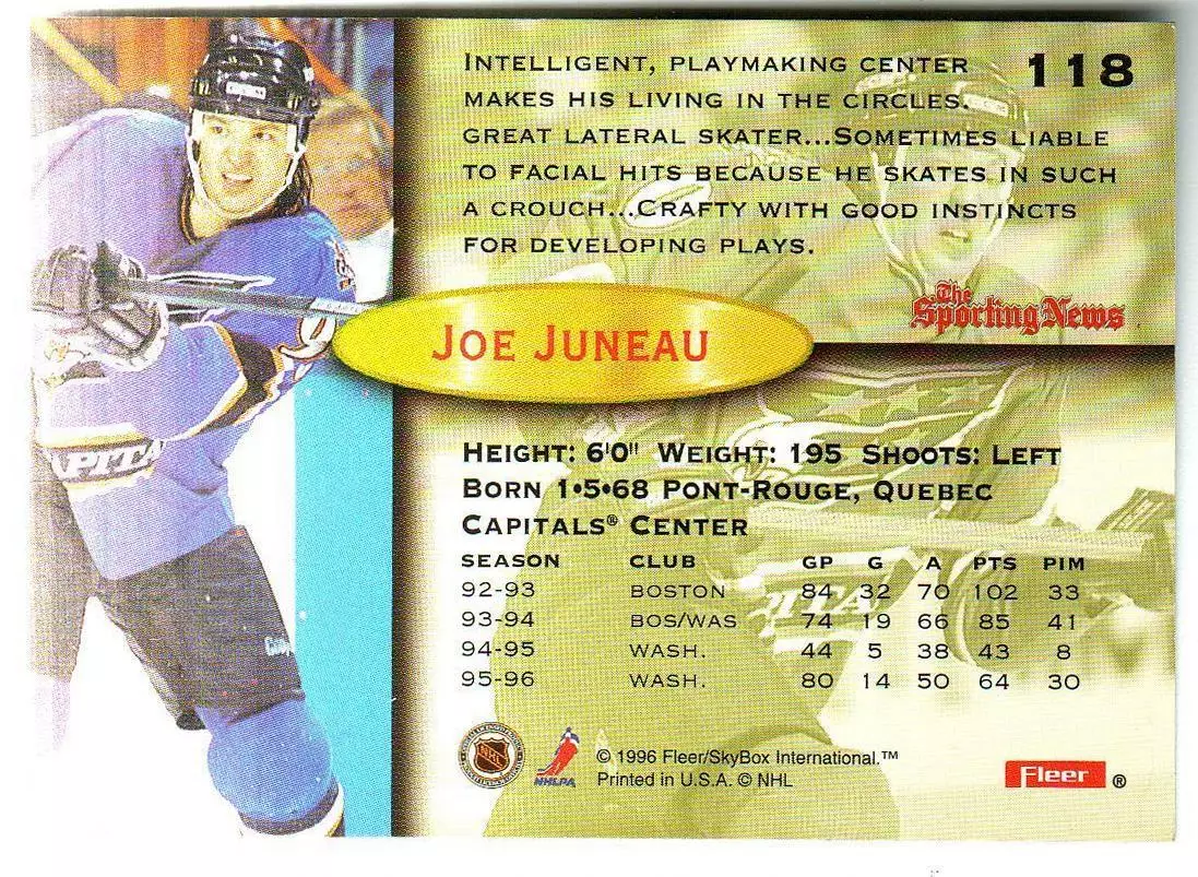 Joe Juneau Washington Capitals / Джо Жюно Вашингтон Кэпиталз 1996 Fleer/SkyBox 1