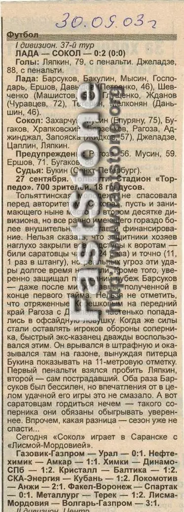 Лада Тольятти – Сокол Саратов 27.09.2003 Газетный отчет