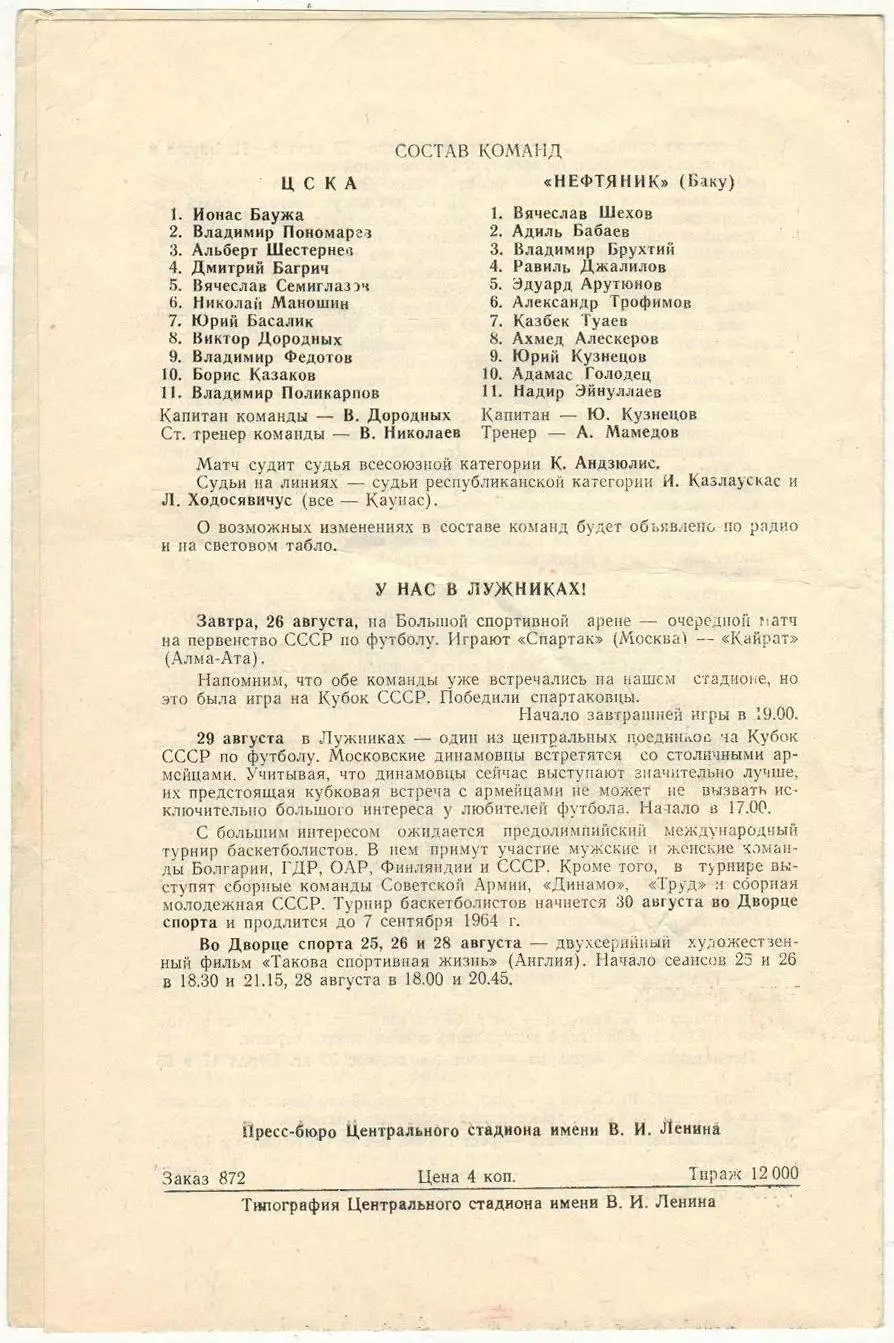 ЦСКА – Нефтяник Баку 25.08.1964 1