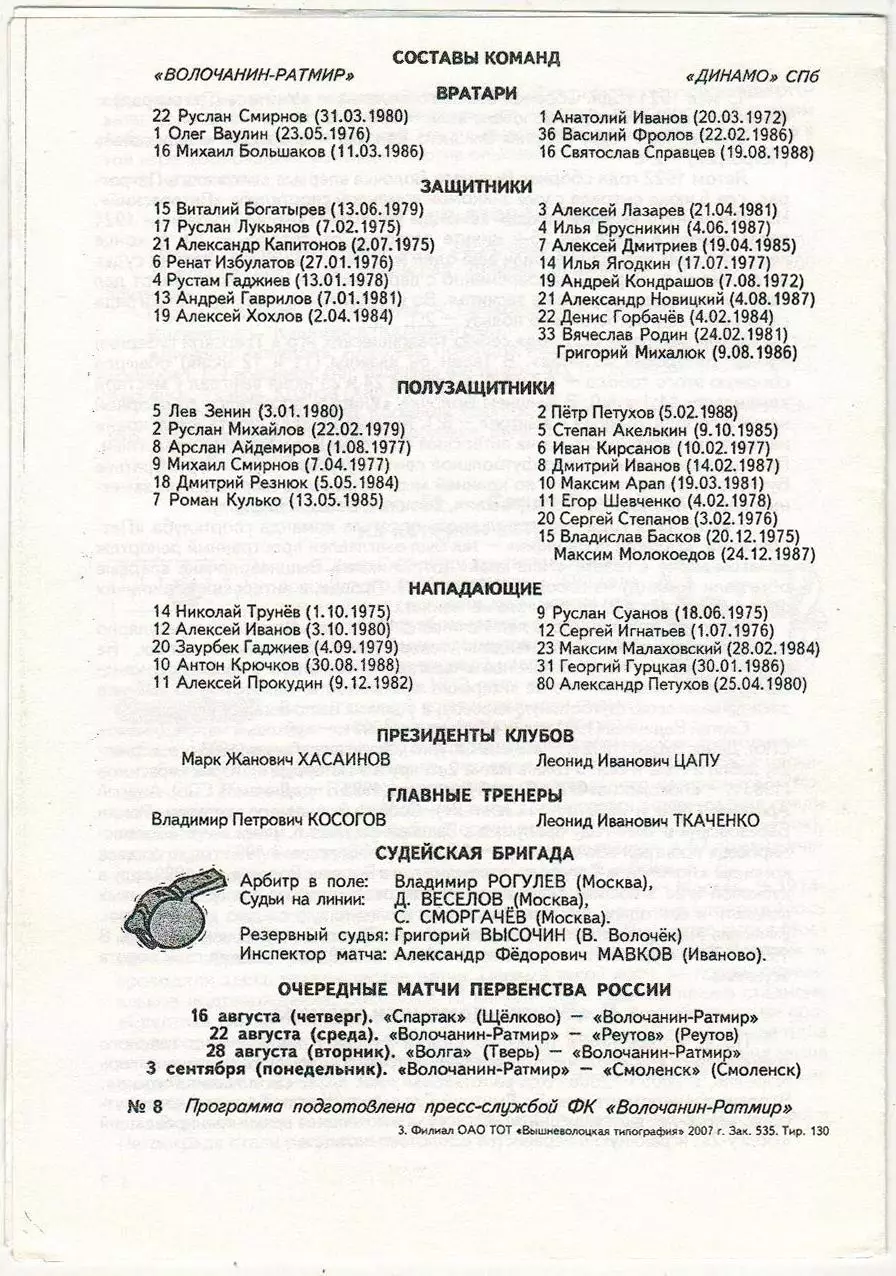 Волочанин-Ратмир Вышний Волочек – Динамо Санкт-Петербург 09.08.2007 РЕДКАЯ! 1
