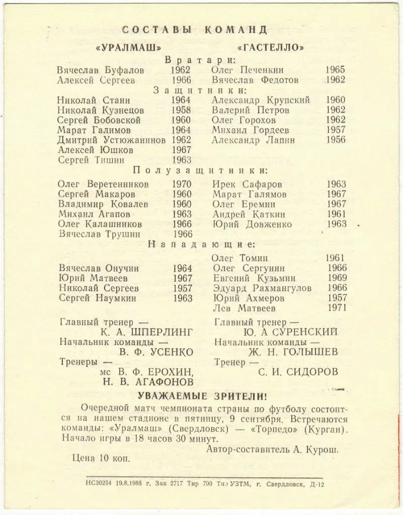 Уралмаш Свердловск – Гастелло Уфа 05.09.1988 1