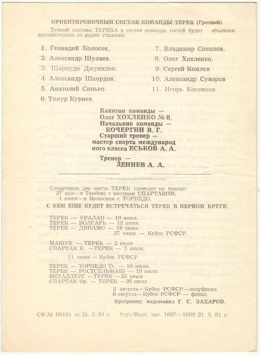Терек Грозный – Авангард Курск 23.05.1981 1