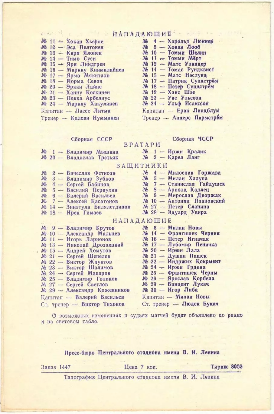 Приз Известий 21.12.1981 Финляндия – Швеция / СССР – ЧССР (Чехословакия) 1