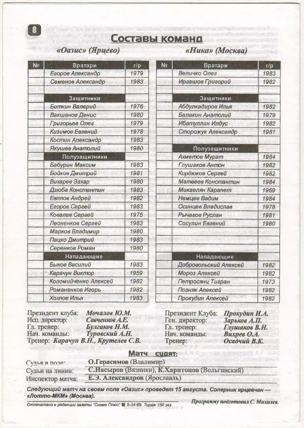 Оазис Ярцево – Ника Москва 12.08.2001 / Итоги 1-го круга II дивизион Зона Запад 1