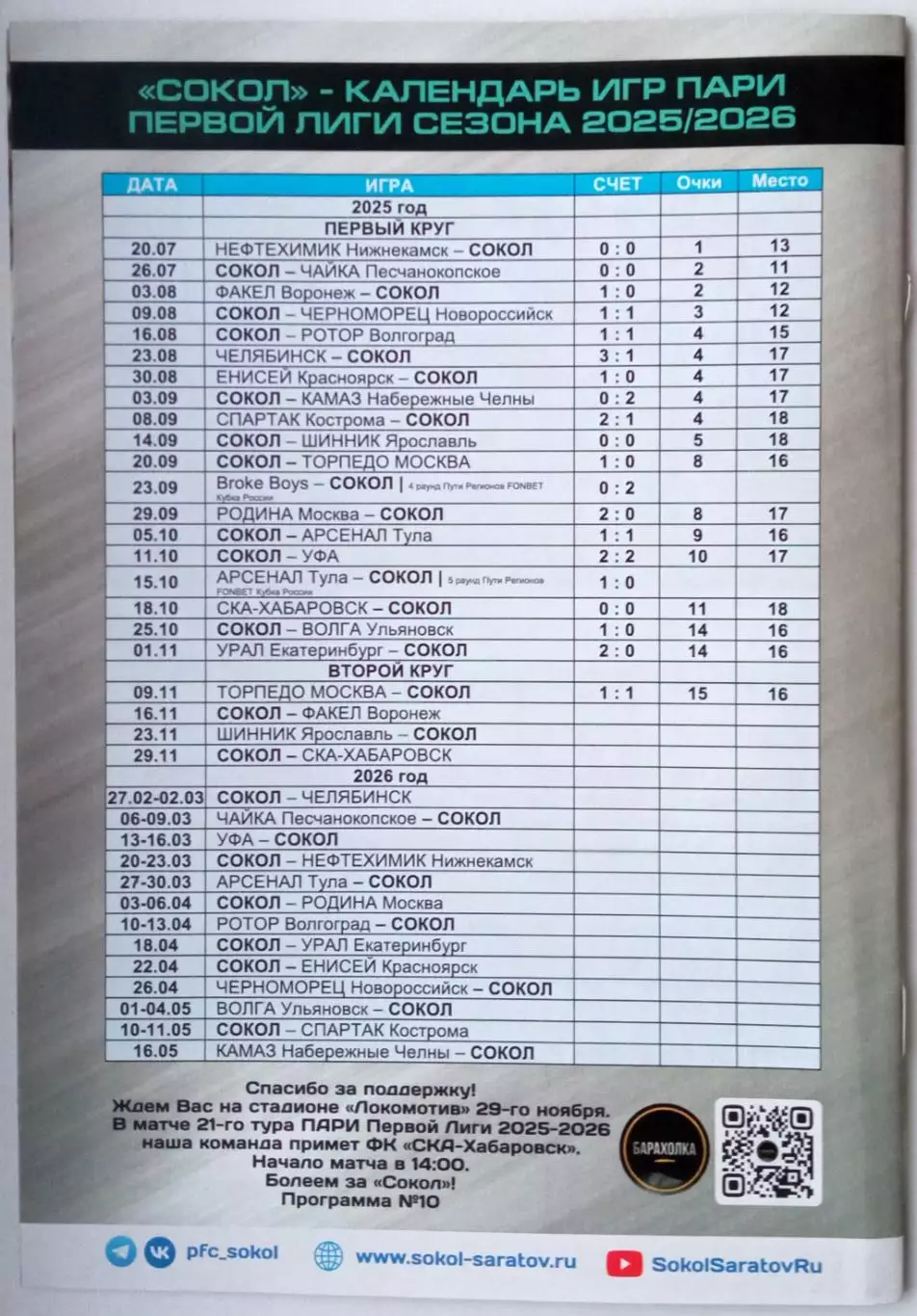 Сокол Саратов – Факел Воронеж 16.11.2025 Официальная программа 1